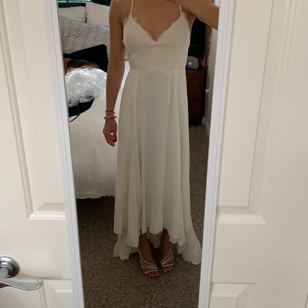 Ivory silk/lace custom-made hi-low wedding dress